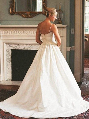 Sweep Train Ruched A-Line Satin  V-Neck Sleeveless Wedding Dresses UK_3