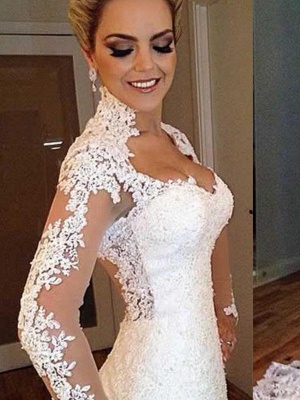 V-Neck Sweep Train Applique Lace Sexy Mermaid Long Sleeves Wedding Dresses UK_1