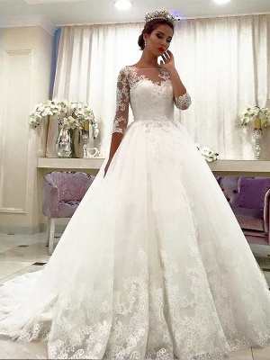 Bateau Court Train Ball Gown Lace Tulle 3/4 Sleeves Wedding Dresses UK_1