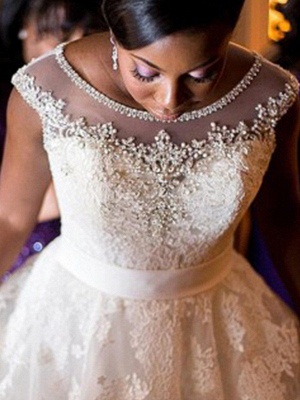 Tulle A-Line Scoop Neckline Floor-Length Sleeveless Beads Lace Applique Wedding Dresses UK_4
