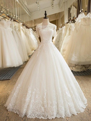 Floor-Length Applique Ball Gown Off-the-Shoulder Lace Tulle 1/2 Sleeves Wedding Dresses UK_1