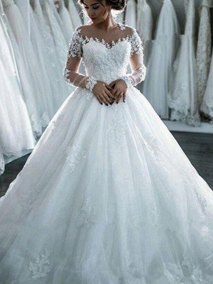 Scoop Neckline Applique Long Sleeves Ball Gown  Tulle Wedding Dresses UK_5