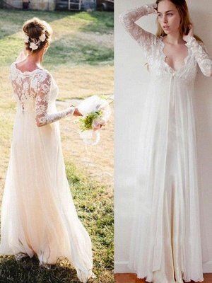 Empire Lace Floor-Length V-neck Long Sleeves Wedding Dresses UK_1