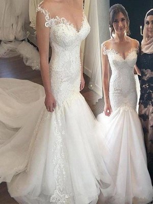 Off-the-Shoulder Sexy Mermaid Sleeveless Lace Tulle Wedding Dresses UK_1