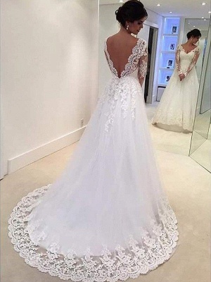 V-neck Ball Gown Tulle Lace Long Sleeves Court Train Wedding Dresses UK_3