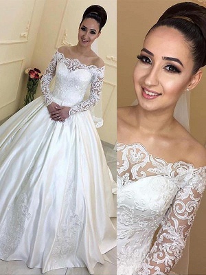 Off-the-Shoulder Court Train Ball Gown Satin Long Sleeves Wedding Dresses UK_1