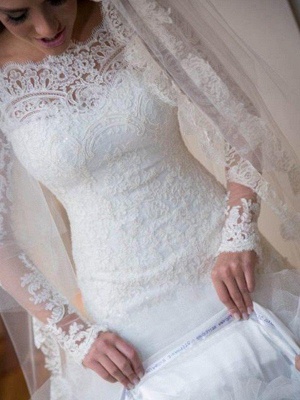 Off-the-Shoulder Sexy Mermaid Lace Tulle Long Sleeves Sweep Train Applique Wedding Dresses UK_6