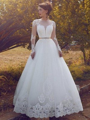 Tulle Floor-Length Ball Gown Long Sleeves Bateau Wedding Dresses UK_1