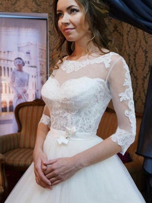 Floor-Length Scoop Neckline Ball Gown 1/2 Sleeves Tulle Applique Wedding Dresses UK_4