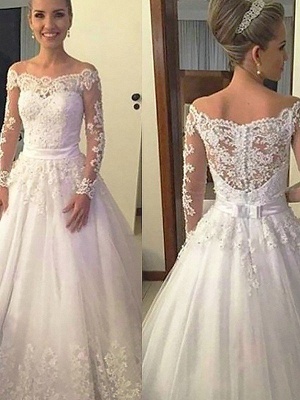 Off-the-Shoulder Court Train Ball Gown Lace Tulle Long Sleeves Wedding Dresses UK_2