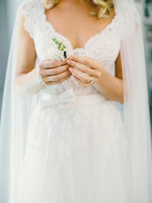 Lace Tulle A-Line V-neck Sleeveless Floor-Length Wedding Dresses UK_3