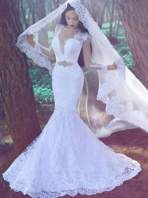 Court Train  Sexy Mermaid Long Sleeves Sweetheart Applique Lace Wedding Dresses UK_1