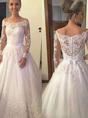 Court Train Off-the-Shoulder Ball Gown Applique Tulle Long Sleeves Wedding Dresses UK_1
