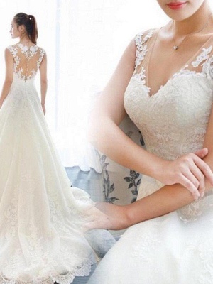 Court Train A-Line Lace  V-Neck Applique Sleeveless Wedding Dresses UK_3