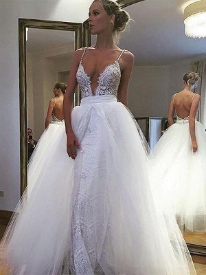 A-Line Sleeveless Tulle Lace Floor-Length Spaghetti Straps Wedding Dresses UK_1