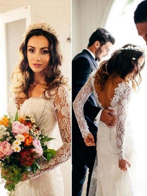 V-neck Sheath Court Train Applique Lace Long Sleeves Wedding Dresses UK_3
