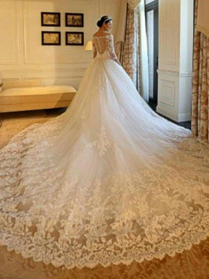 Tulle Ball Gown 3/4 Sleeves Beads Applique Cathedral Train Off-the-Shoulder Wedding Dresses UK_1