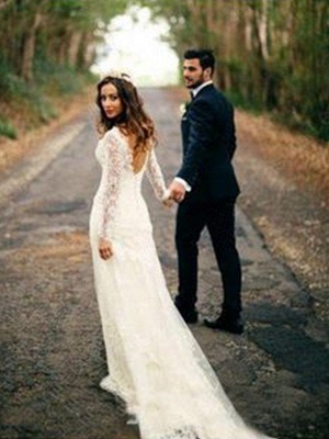 V-neck Sheath Court Train Applique Lace Long Sleeves Wedding Dresses UK_1