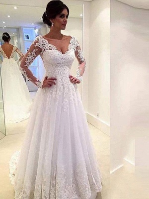 V-neck Ball Gown Tulle Lace Long Sleeves Court Train Wedding Dresses UK_1