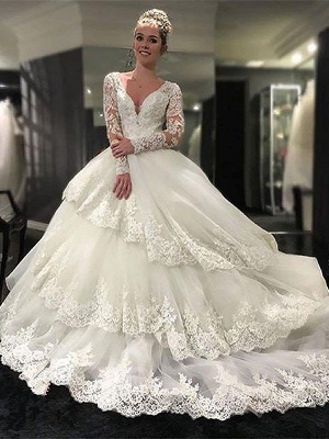Lace Tulle Court Train Ball Gown Long Sleeves  V-Neck Wedding Dresses UK_1