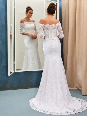 1/2 Sleeves  Sexy Mermaid Lace Sweep Train Off-the-Shoulder Wedding Dresses UK_1