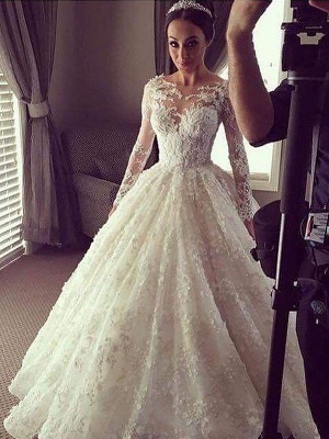 Scoop Neckline Lace Ball Gown Court Train Long Sleeves Wedding Dresses UK_3