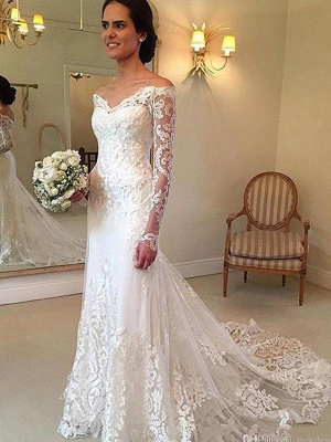 Court Train Applique Lace Sexy Mermaid Long Sleeves Off-the-Shoulder Wedding Dresses UK_3