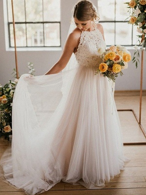 A-Line Lace Sleeveless Tulle Floor-Length Halter Wedding Dresses UK_6