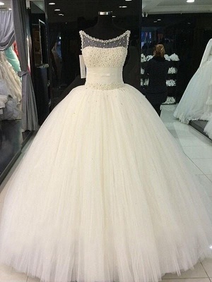 Floor-Length Tulle Ball Gown Beads Scoop Neckline Sleeveless Wedding Dresses UK_1