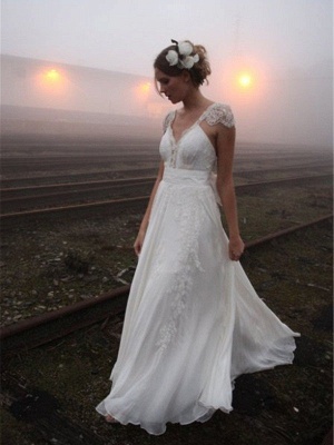 A-Line Sleeveless V-neck Floor-Length Lace Wedding Dresses UK_1