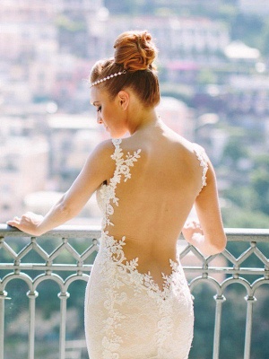 Court Train Applique Lace Sexy Mermaid Spaghetti Straps Tulle Sleeveless Sweetheart Wedding Dresses UK_3