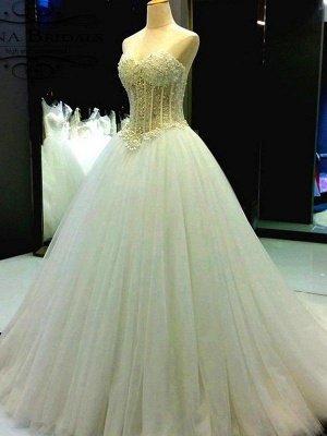 Tulle Ball Gown Sleeveless Sweetheart Court Train Beads Wedding Dresses UK_4