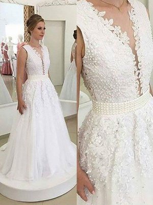 Sleeveless Tulle A-Line  V-Neck Sweep Train Applique Wedding Dresses UK_1