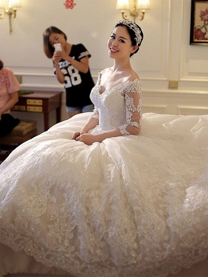 Tulle Ball Gown 3/4 Sleeves Beads Applique Cathedral Train Off-the-Shoulder Wedding Dresses UK_3