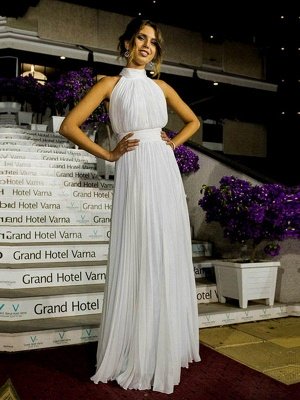 Floor-Length A-Line Sleeveless Halter Ruffles Tulle Wedding Dresses UK_6