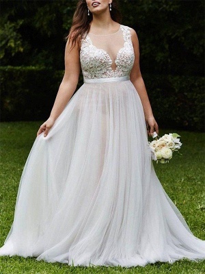 Sleeveless A-Line Court Train Lace Tulle Scoop Neckline Wedding Dresses UK_1