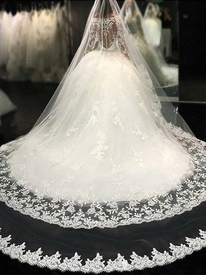 Lace Tulle Cathedral Train Applique Scoop Neckline Long Sleeves Ball Gown Wedding Dresses UK_1