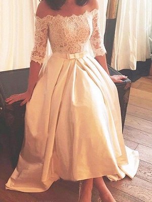 1/2 Sleeves Lace A-Line Asymmetrical Sweep Train Satin Off-the-Shoulder Wedding Dresses UK_1