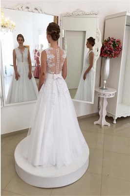 Sleeveless Tulle A-Line  V-Neck Sweep Train Applique Wedding Dresses UK_3