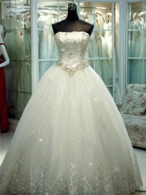 Floor-Length Tulle Ball Gown Beads Strapless Sleeveless Wedding Dresses UK_1