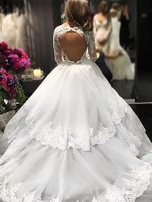 Lace Tulle Court Train Ball Gown Long Sleeves  V-Neck Wedding Dresses UK_3