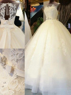 Sleeveless Ribbon Scoop Neckline Applique Tulle Ball Gown Cathedral Train Wedding Dresses UK_4