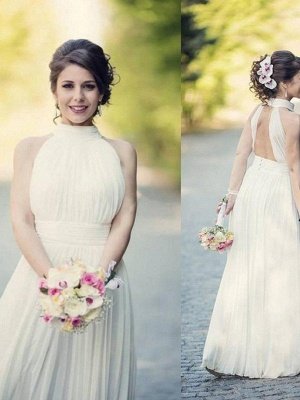 Floor-Length A-Line Sleeveless Halter Ruffles Tulle Wedding Dresses UK_1