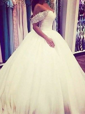 Sweep Train Beads Ball Gown Tulle Sleeveless Off-the-Shoulder Wedding Dresses UK_1