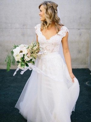 Lace Tulle A-Line V-neck Sleeveless Floor-Length Wedding Dresses UK_1