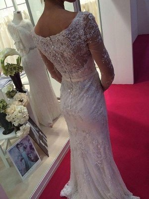 Sheath Lace Sweep Train Scoop Neckline Long Sleeves Wedding Dresses UK_3