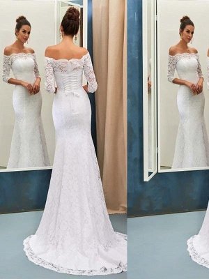 Off-the-Shoulder Lace  Sexy Mermaid Long Sleeves Sweep Train Wedding Dresses UK_1