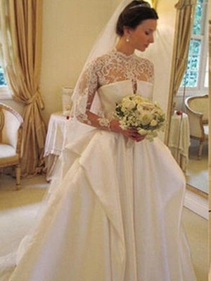 Satin Lace Ball Gown Long Sleeves High Neck Wedding Dresses UK_1
