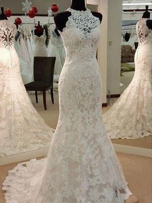 Applique Lace Sheath Sleeveless Scoop Neckline Sweep Train Wedding Dresses UK_1