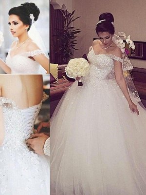 Sleeveless Ball Gown Lace Court Train Tulle Off-the-Shoulder Wedding Dresses UK_1